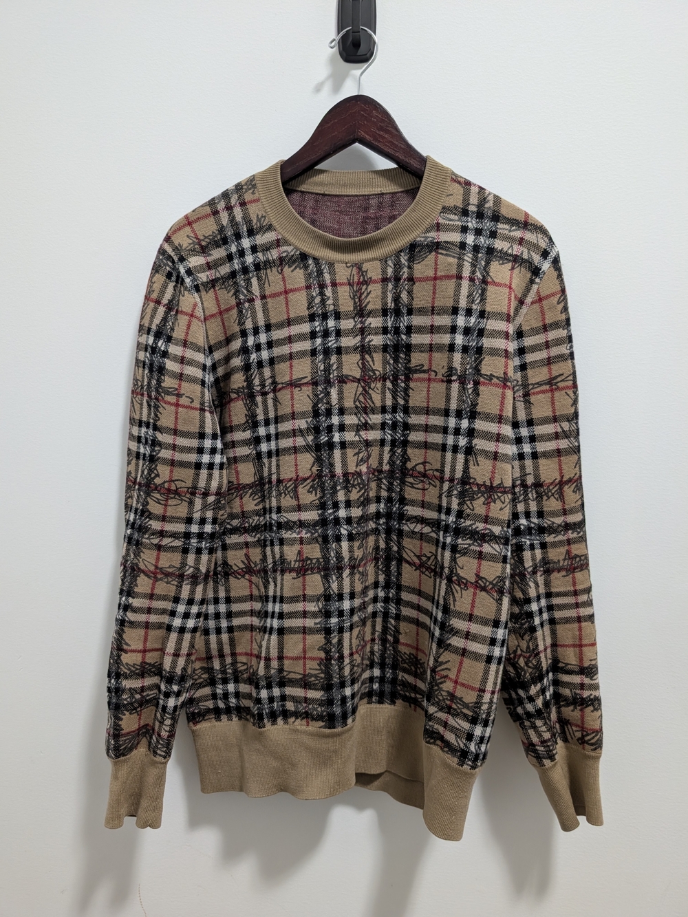 Burberry Beige Plaid Crewneck Sweatshirt with Red & Black Accents
